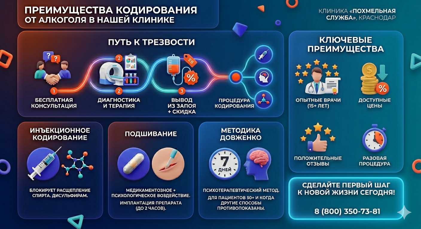 Инфографика о методах кодирования от алкоголя в Курагино: инъекции, подшивание, метод Довженко. Преимущества клиники и этапы лечения.