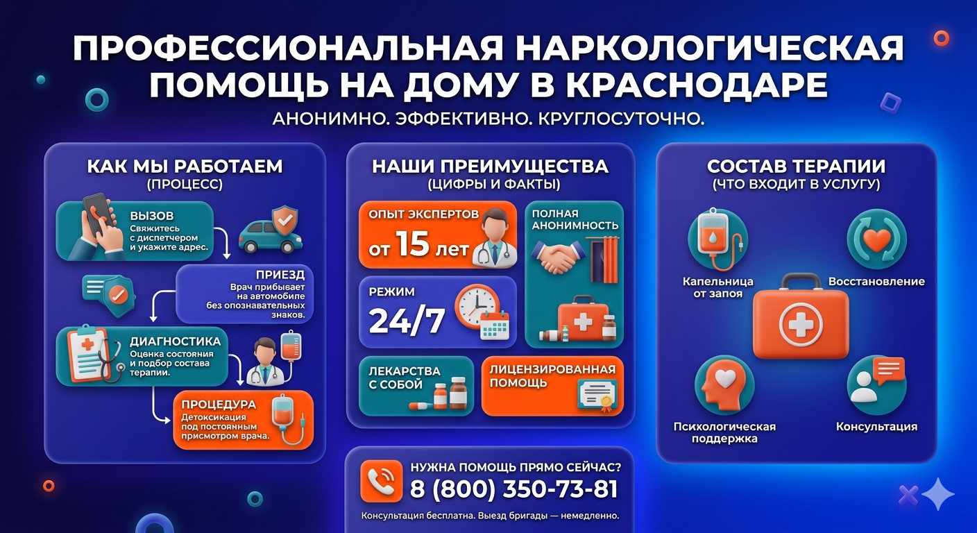 Инфографика о принципах лечения алкоголизма на дому в Курагино: этапы вызова нарколога, преимущества анонимной детоксикации и состав медицинской помощи.